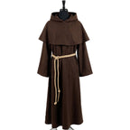 Front view of a brown monk habit with a pointed capelet, patch pocket and tan rope cincture.