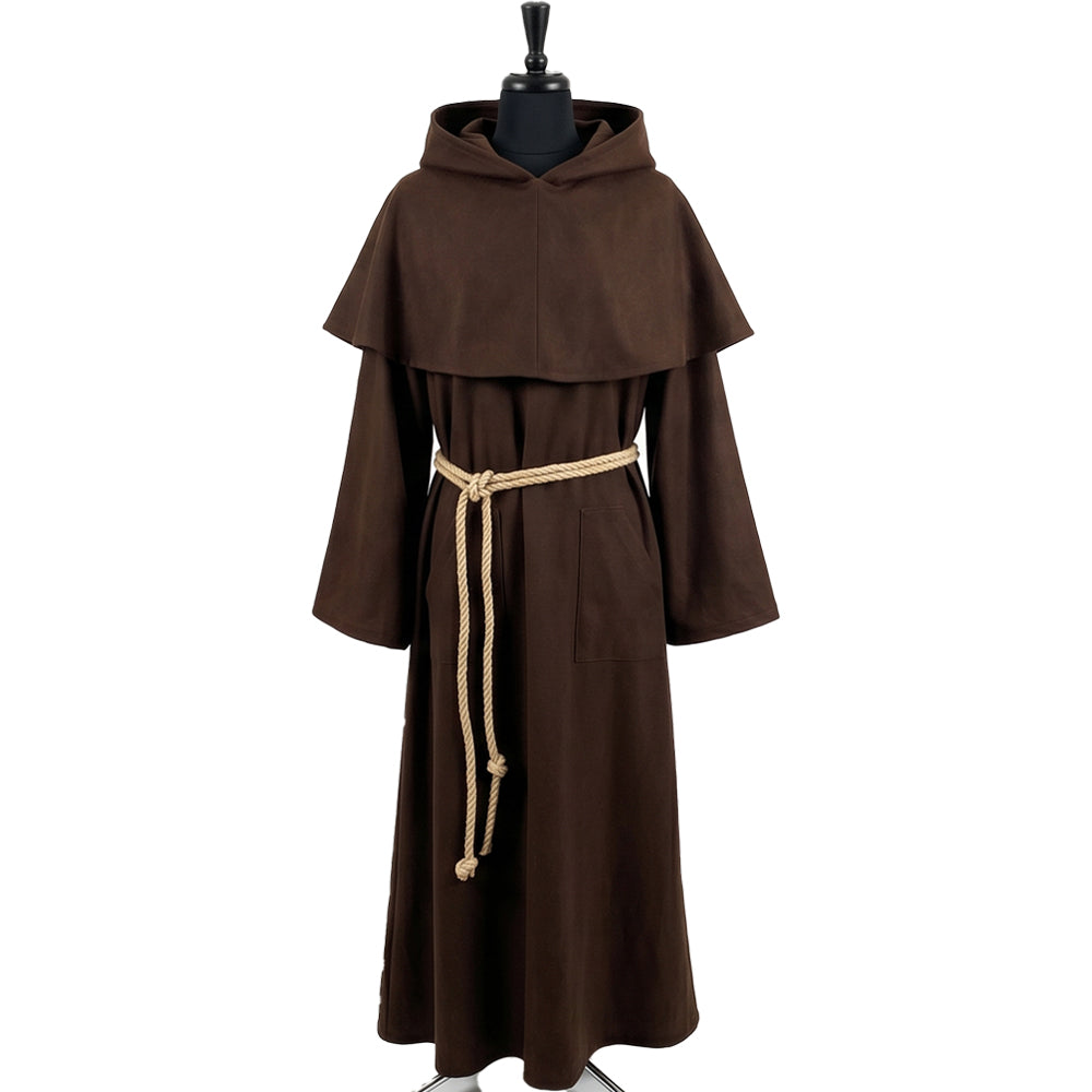 Front view of a brown monk habit with a pointed capelet, patch pocket and tan rope cincture.
