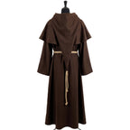 Back view of a brown hooded habit showing the capelet's long dagged panel down to the cincture.