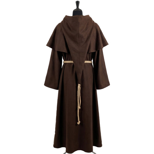 Back view of a brown hooded habit showing the capelet's long dagged panel down to the cincture.