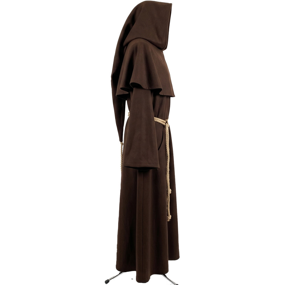 Side profile of a brown monk habit showing the flared capelet, patch pocket and bell sleeve.