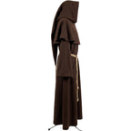 Side profile of a brown monk habit showing the flared capelet, patch pocket and bell sleeve.