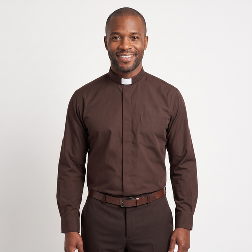 Man wearing the brown long-sleeve tab-collar clergy shirt with a white tab (shown for styling, not included), covered placket and left chest pocket, against a light grey background.