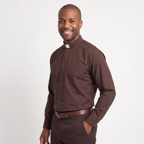 Three-quarter view of the brown clergy shirt showing the collar profile, sleeve and cuff.
