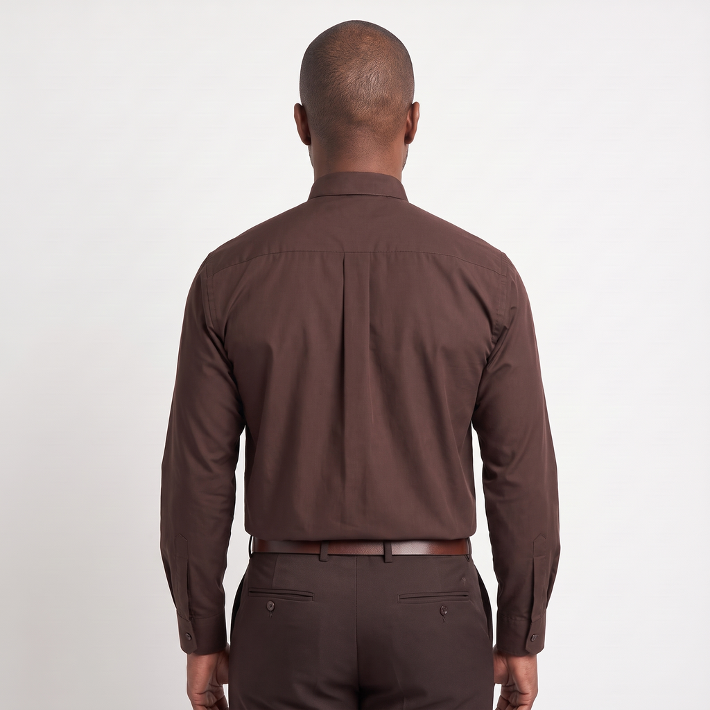 Back view of the brown clergy shirt showing the shoulder yoke and centre pleat.