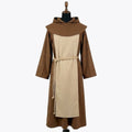 Front view of a brown wool monk habit with a tan straight-sided scapular and a wide cowl collar.