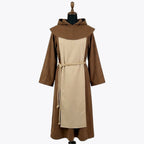 Front view of a brown wool monk habit with a tan straight-sided scapular and a wide cowl collar.