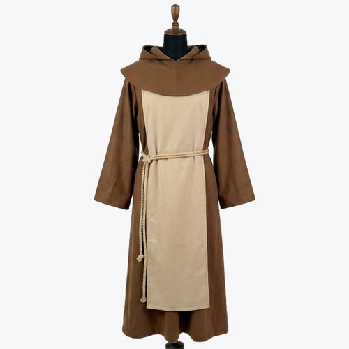 Front view of a brown wool monk habit with a tan straight-sided scapular and a wide cowl collar.