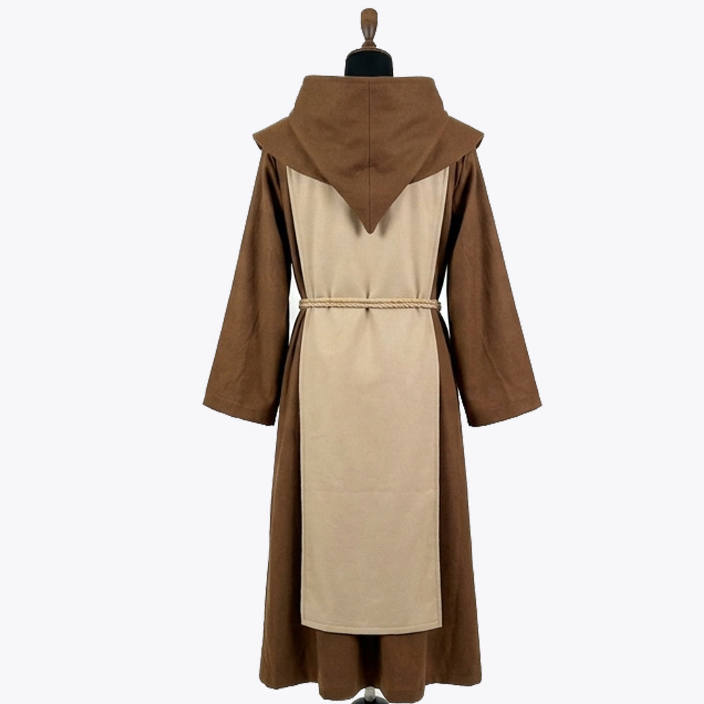Back view of the brown habit showing the matching tan scapular panel and rope cincture at the waist.