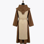 Back view of the brown habit showing the matching tan scapular panel and rope cincture at the waist.
