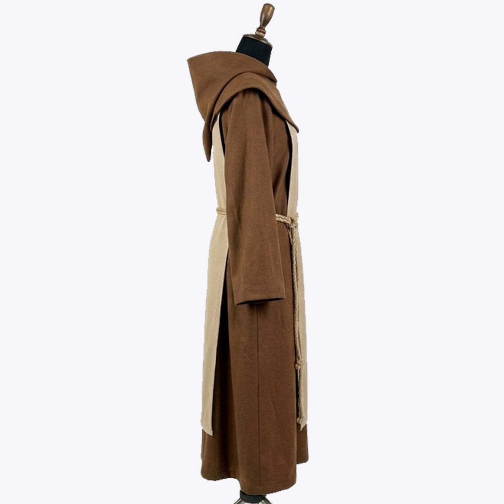 Side profile of the brown monk habit showing the cowl collar, hem slit and tasselled rope cincture.