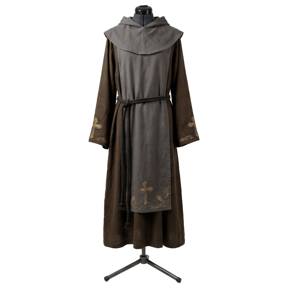 Front view of a brown monk habit with a grey scapular embroidered in gold cross and leaf motifs.