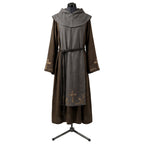 Front view of a brown monk habit with a grey scapular embroidered in gold cross and leaf motifs.