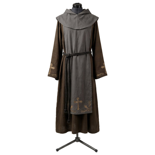 Front view of a brown monk habit with a grey scapular embroidered in gold cross and leaf motifs.