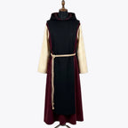 Front view of a burgundy monk habit with a black scapular and contrasting ivory sleeves