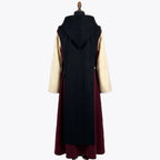Back view of the burgundy monk habit showing the black scapular repeated at the back