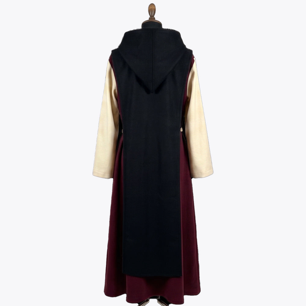 Back view of the burgundy monk habit showing the black scapular repeated at the back