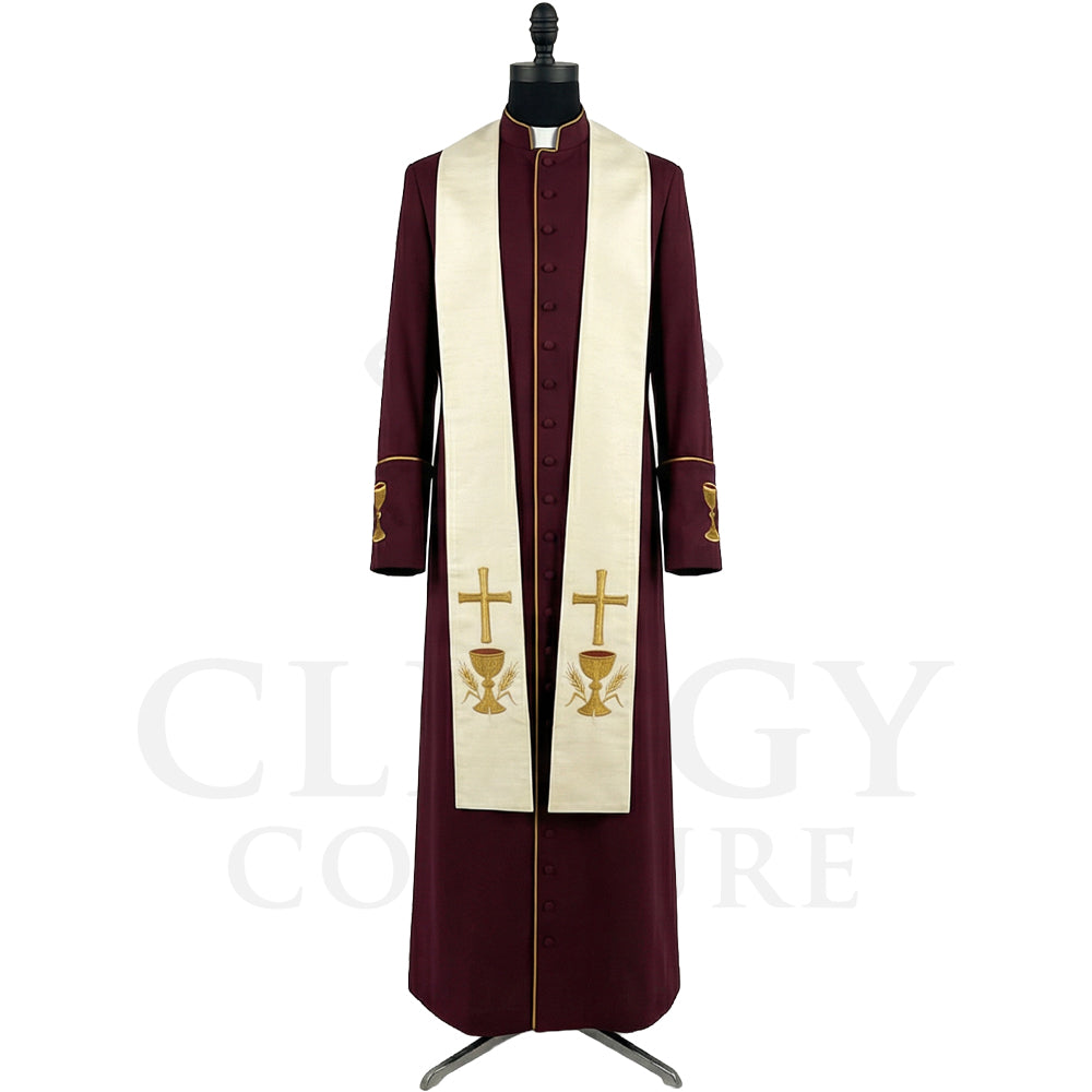 Front view of a burgundy clergy cassock robe worn with the optional cream stole embroidered with a gold chalice and cross.