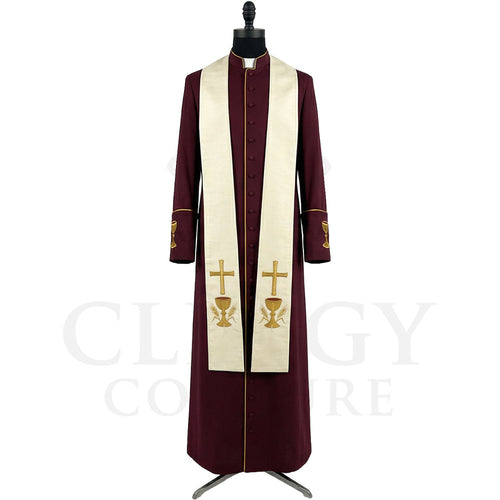 Front view of a burgundy clergy cassock robe worn with the optional cream stole embroidered with a gold chalice and cross.