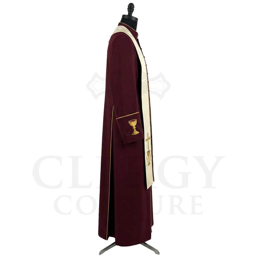 Side view of the burgundy cassock robe showing the flapped hip pocket marked with a gold chalice.