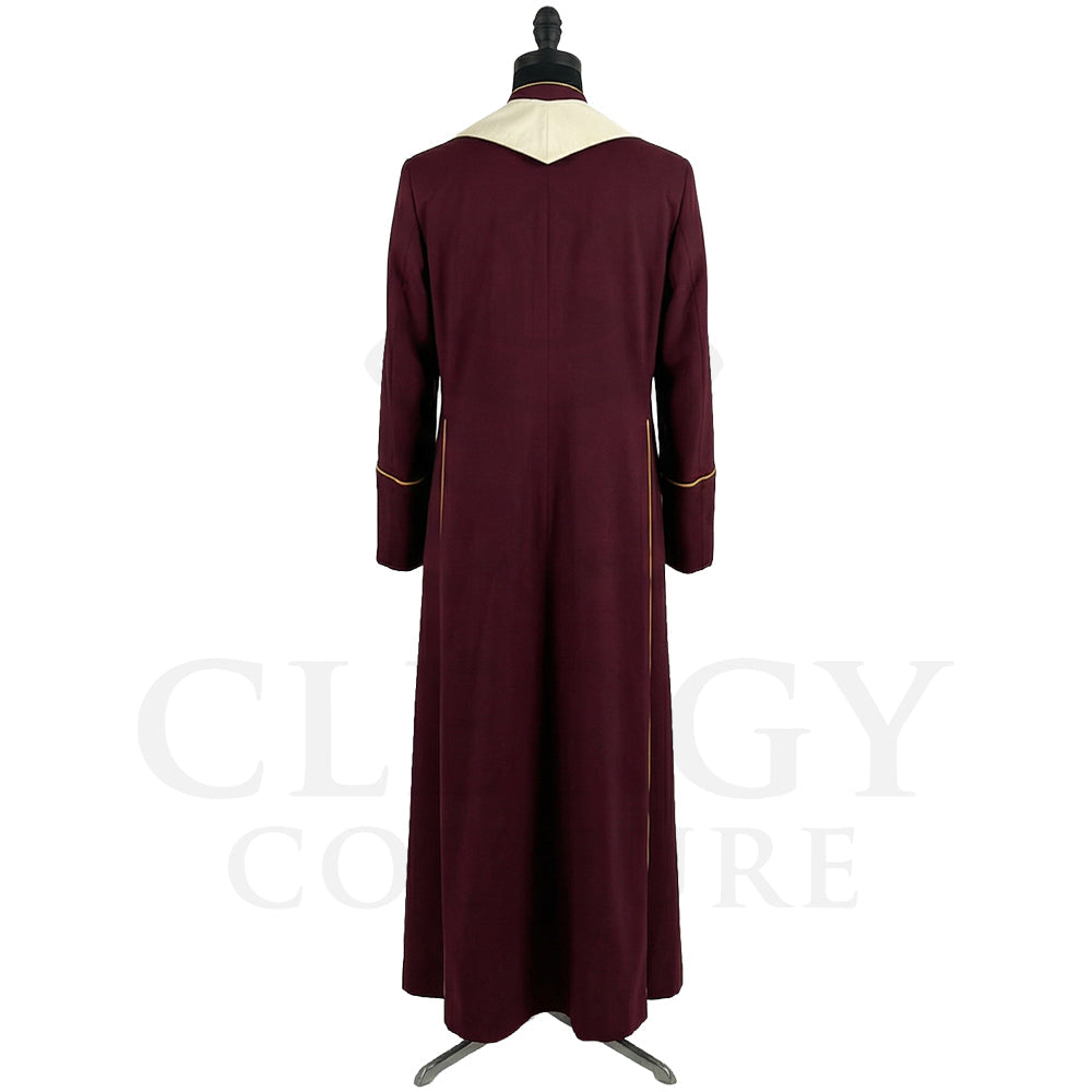 Back view of the burgundy cassock robe without the stole, showing the pointed cream yoke across the shoulders.
