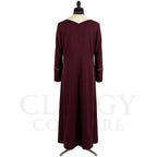 Back view of the burgundy cassock robe without the stole, showing the pointed cream yoke across the shoulders.