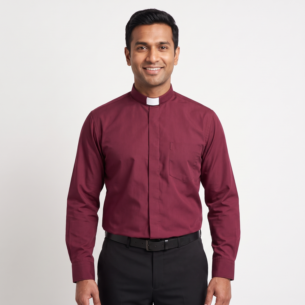 Man wearing the burgundy long-sleeve tab-collar clergy shirt with a white tab (shown for styling, not included), covered placket and left chest pocket, against a light grey background.