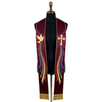 Burgundy satin stole laid flat with a gold dove and jewelled cross, each trailing a narrow rainbow ribbon to gold fringe.