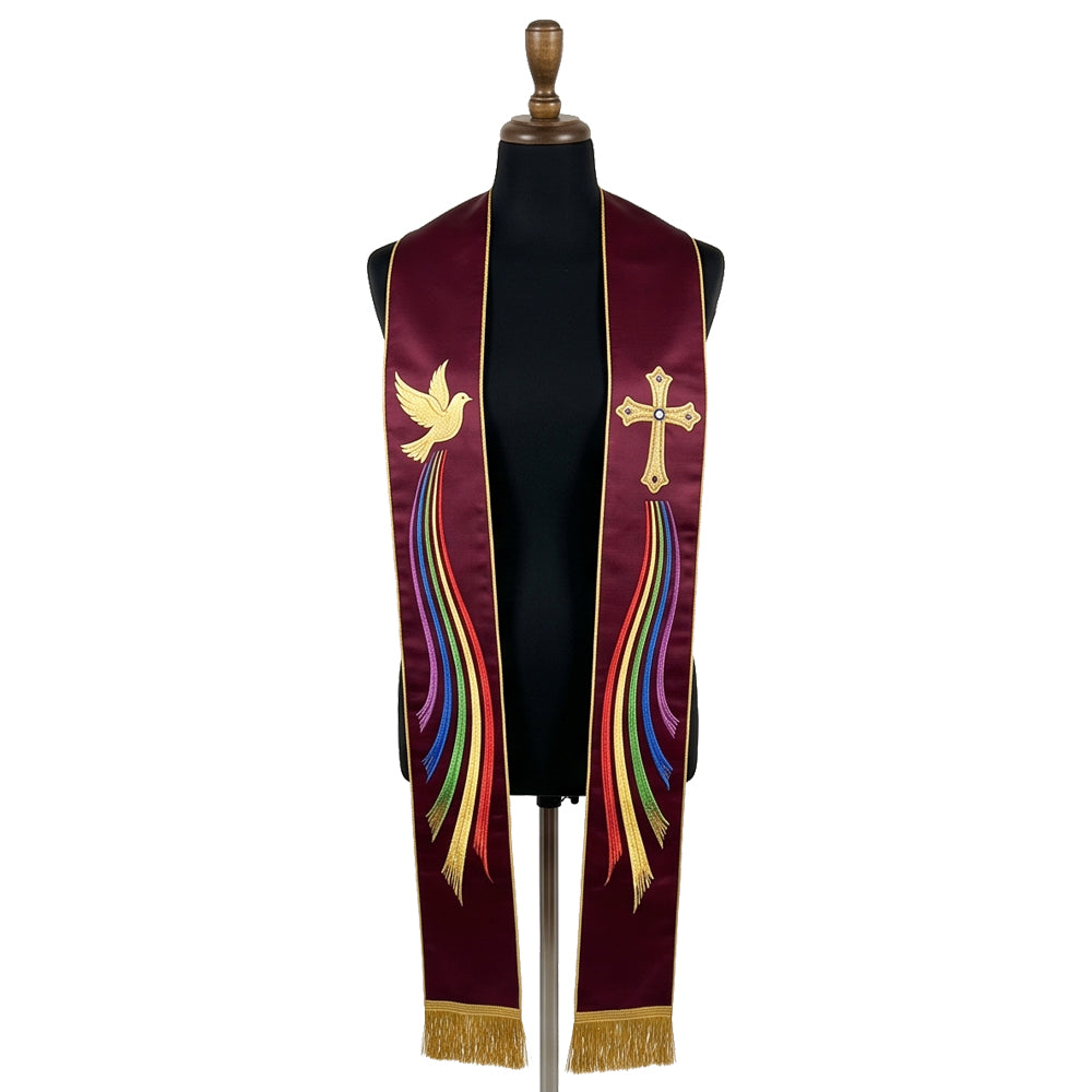 Burgundy satin stole laid flat with a gold dove and jewelled cross, each trailing a narrow rainbow ribbon to gold fringe.