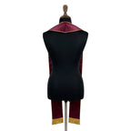 Back view of the burgundy stole on a dress form, showing the plain gold-piped panels with no embroidery.