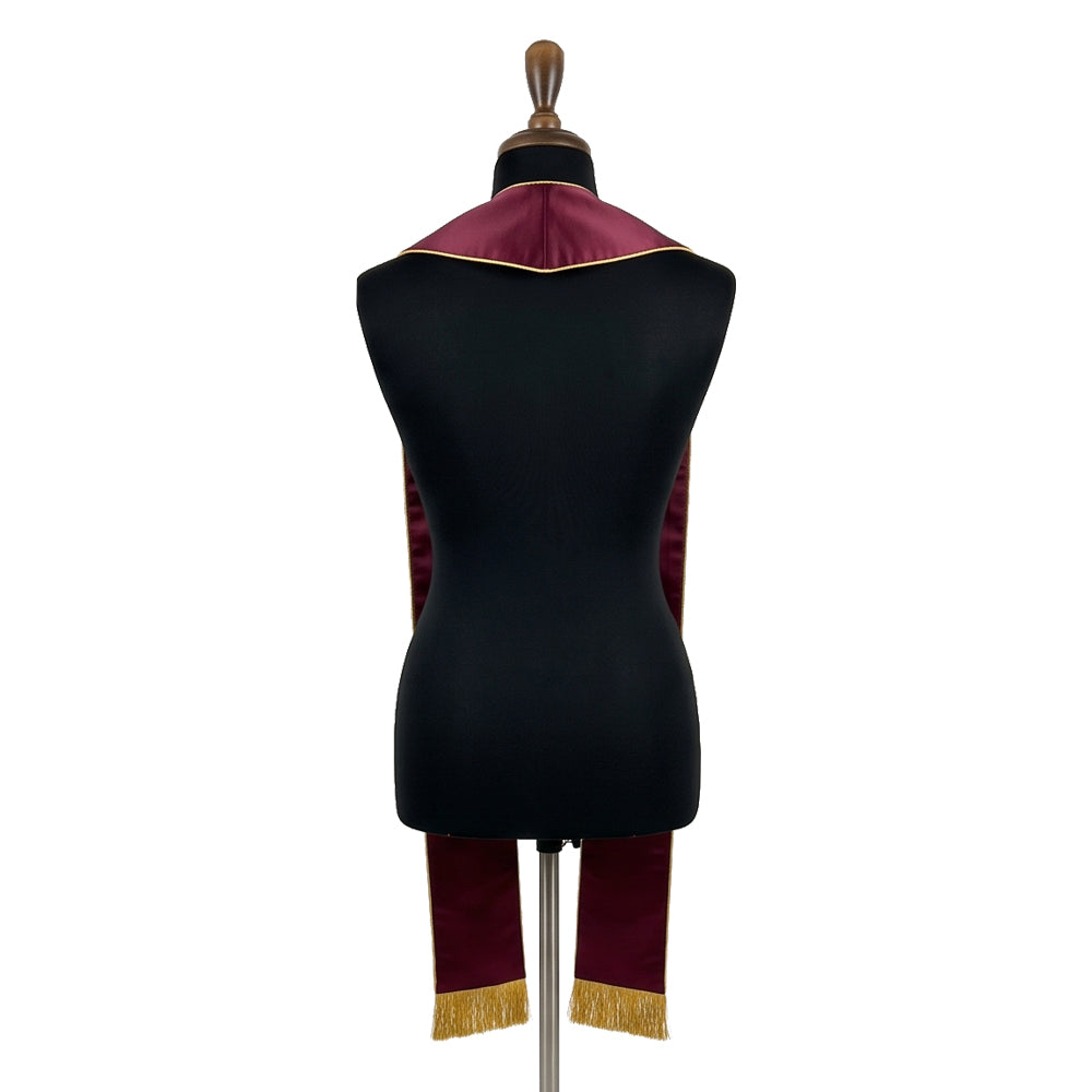 Back view of the burgundy stole on a dress form, showing the plain gold-piped panels with no embroidery.