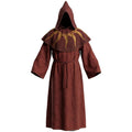 Front view of a burgundy monk habit with a gold sunburst embroidered pellegrina and matching fabric waist tie.