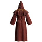 Back view of a burgundy hooded habit showing the gold sunburst embroidery across the pellegrina and hood.