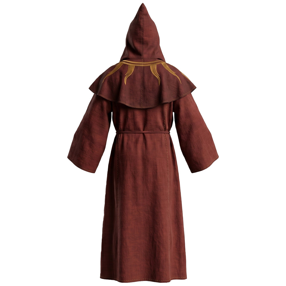 Back view of a burgundy hooded habit showing the gold sunburst embroidery across the pellegrina and hood.