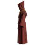 Side profile of a burgundy monk habit showing the pellegrina's gold embroidery at the shoulder and bell sleeve.