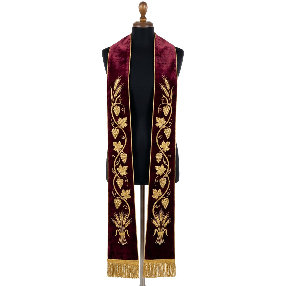 Burgundy velvet-look communion stole with a gold grapevine and wheat sheaf embroidered down both panels