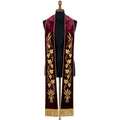Burgundy velvet-look communion stole with a gold grapevine and wheat sheaf embroidered down both panels