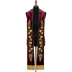 Burgundy velvet-look communion stole with a gold grapevine and wheat sheaf embroidered down both panels