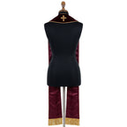 Back view of the burgundy velvet-look stole with a single gold cross on the yoke above plain satin-look fabric