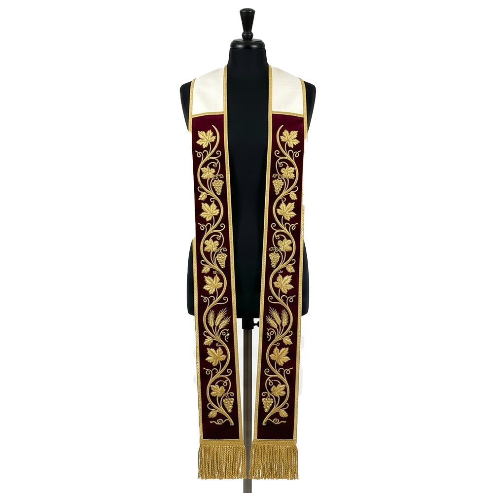 Front view of the burgundy velvet-look Grapevine and Wheat Stole with gold embroidery and ivory satin-look shoulders