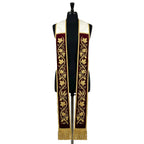Front view of the burgundy velvet-look Grapevine and Wheat Stole with gold embroidery and ivory satin-look shoulders