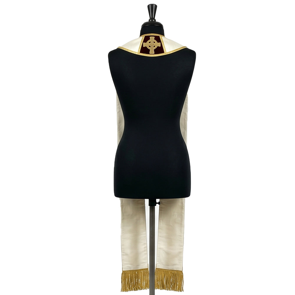 Back collar of the burgundy velvet-look Grapevine Stole showing a small gold Celtic cross on velvet-look cloth