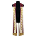Burgundy priest stole with an ivory center band of gold wheat, ribbon and cross embroidery to the fringe