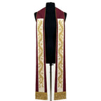 Burgundy priest stole with an ivory center band of gold wheat, ribbon and cross embroidery to the fringe