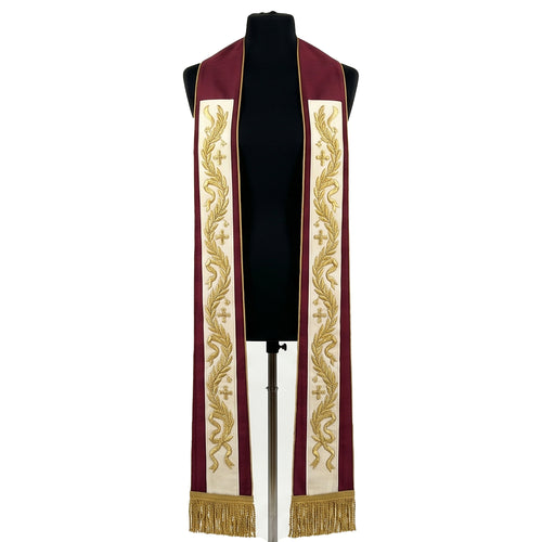 Burgundy priest stole with an ivory center band of gold wheat, ribbon and cross embroidery to the fringe
