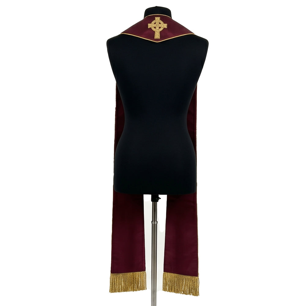 Back view of the burgundy stole with a single gold Celtic cross centered on the plain yoke