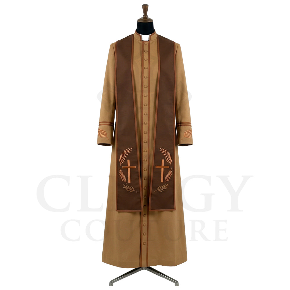 Front view of a camel clergy cassock robe worn with the optional brown stole embroidered with gold crosses in laurel wreaths.
