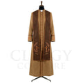 Front view of a camel clergy cassock robe worn with the optional brown stole embroidered with gold crosses in laurel wreaths.