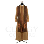 Front view of a camel clergy cassock robe worn with the optional brown stole embroidered with gold crosses in laurel wreaths.
