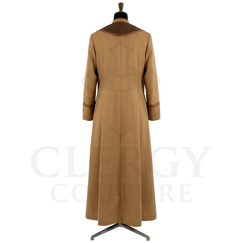 Back view of the camel cassock robe without the stole, showing the pointed brown yoke across the shoulders.
